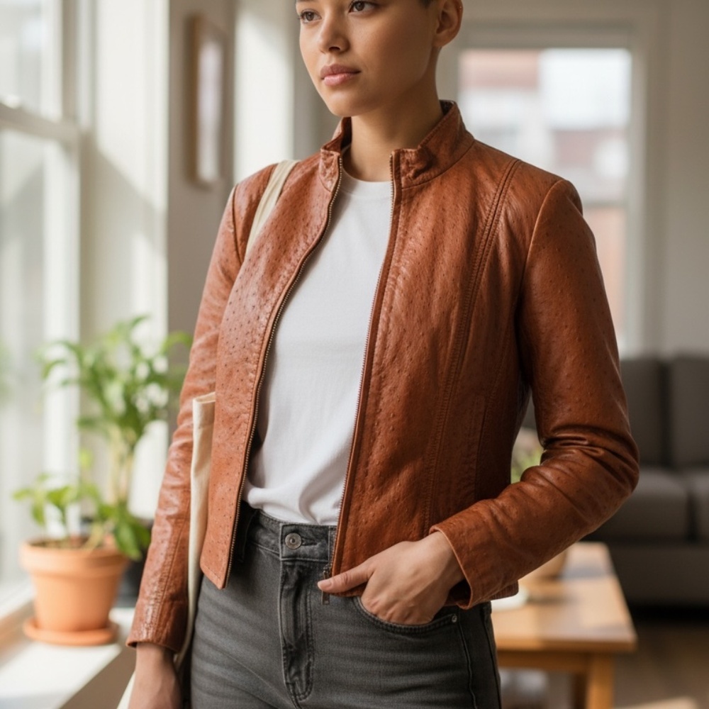 Underground Ostrich Leather Women's Soft Cognac Bomber Mock Jacket, Large